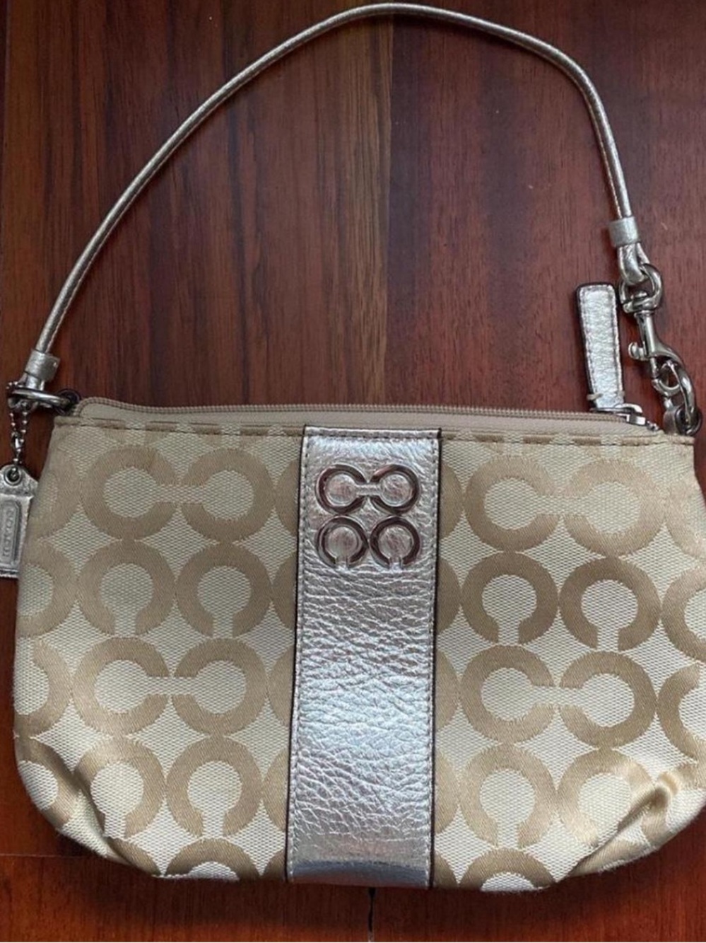 Coach Beige Signature Evening Bag with Metallic Silver Accents